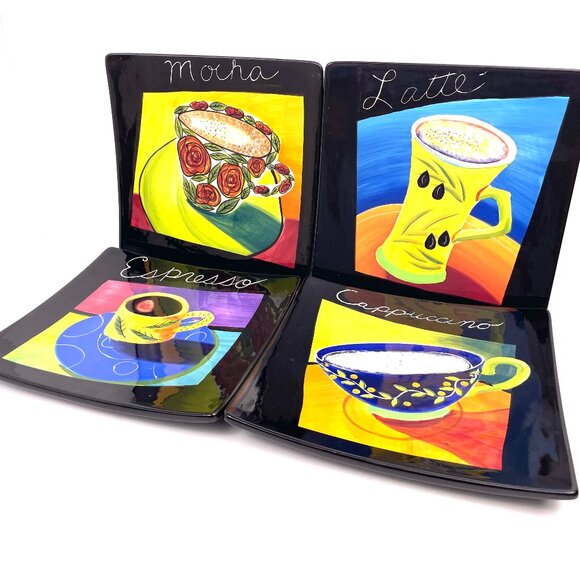VTG Set of 4 Mary Naylor Designs Hand-Painted Coffee-Themed Plates 2003 9.75 in - Picture 1 of 11
